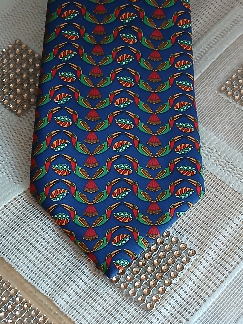 Salvatore Ferragamo Silk Tie Navy Blue Stylized Parrot Bird Novelty Print Italy